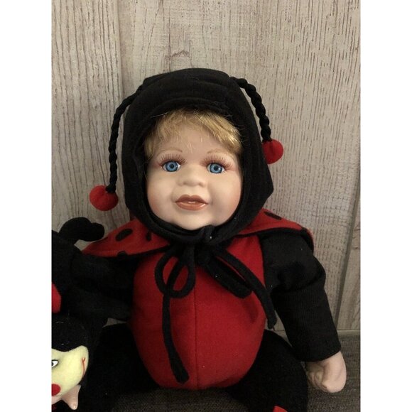 Porcelain Face Ladybug Doll w/ Ladybug Jointed Arms & Legs Plush Body Red Black - Picture 2 of 6